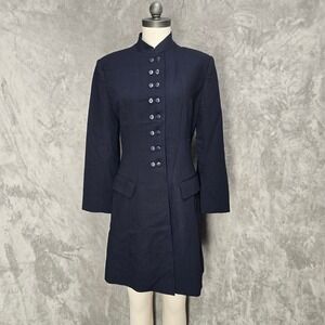 Armand Ventilo Navy Blue 100% Wool Mandarin Collar Longline Blazer Victorian 40